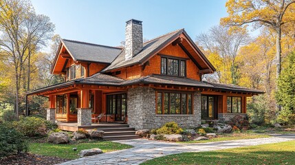 elegant craftsman house with warm wood siding and natural stone accents, creating a luxurious and timeless residential property under clear blue skies