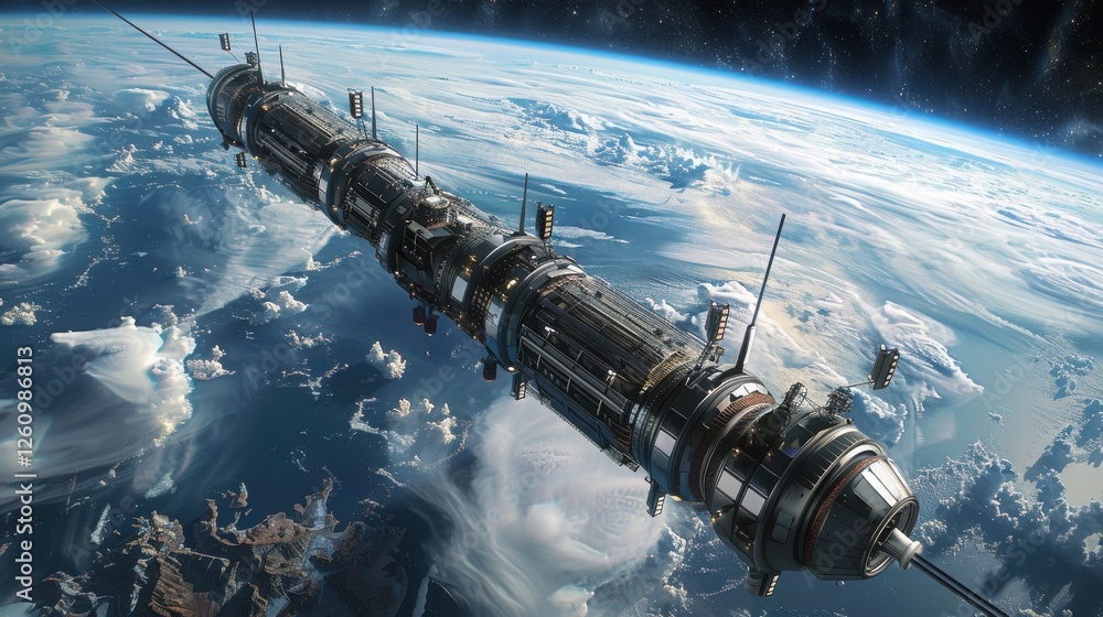 Poster futuristic space station orbiting earth with advanced technology in a stunning high-resolution view 