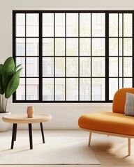 Modern Living Room Design Featuring Cozy Orange Sofa, Stylish Center Table, and Inviting Indoor Plant, Bright Daylight View