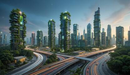 Fototapeta premium Futuristic Eco-City with Green Skyscrapers and High-Tech Highways at Sunset