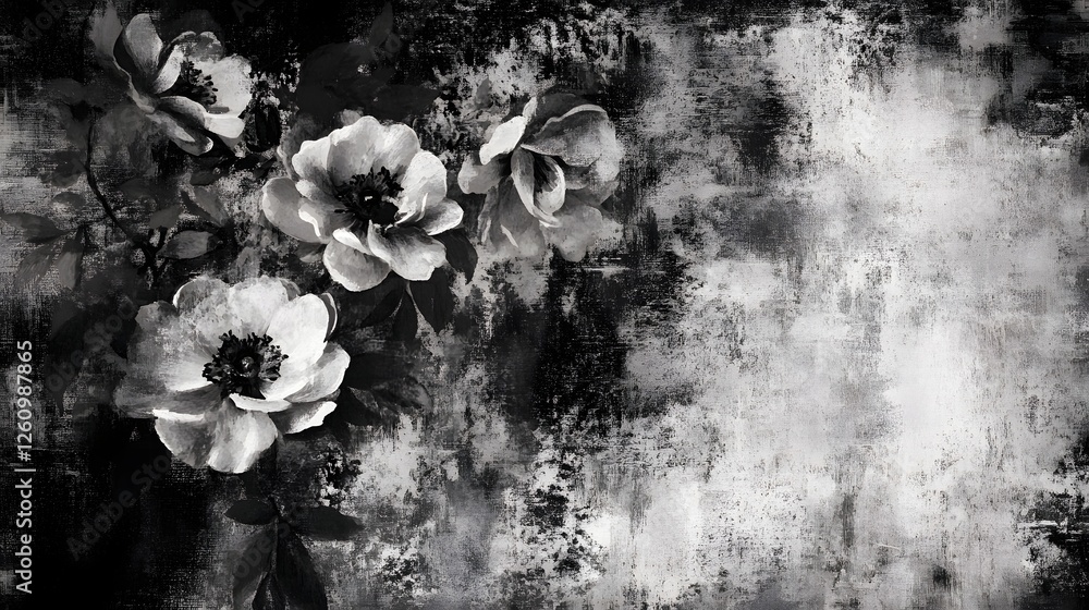 Poster a moody romantic black and white backdrop featuring delicate floral blooms set against a grungy text