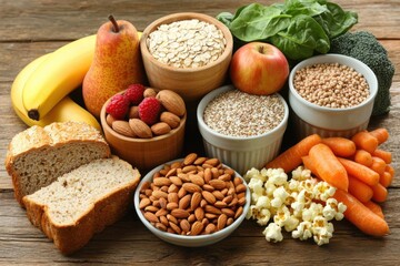 Fototapeta premium A collection of fiber-rich foods arranged on a rustic wooden table. The selection includes whole grains (oats, quinoa, brown rice), legumes (lentils, chickpeas, black beans).
