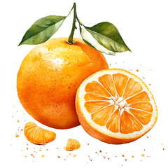 Orange , Watercolor Illustration of Fresh Oranges with Leaves and Slices on Transparent Background