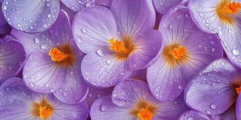 Vibrant purple crocuses with droplets glistening under soft sunlight in a serene garden setting during springtime