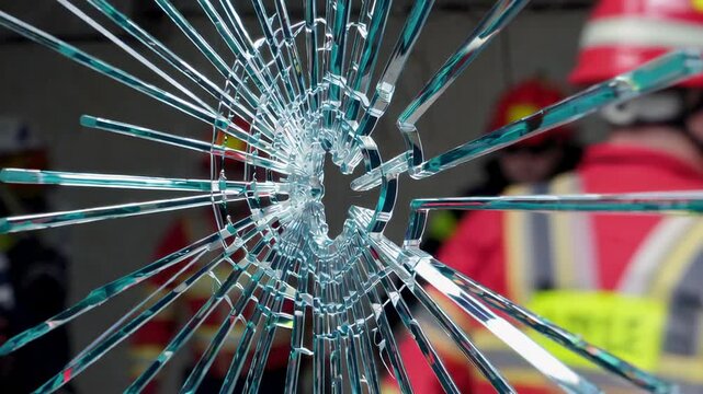 Cracked safety glass shows radiating cracks emanating from a central impact point, with blurred firefighters working in the background in a slow motion video
