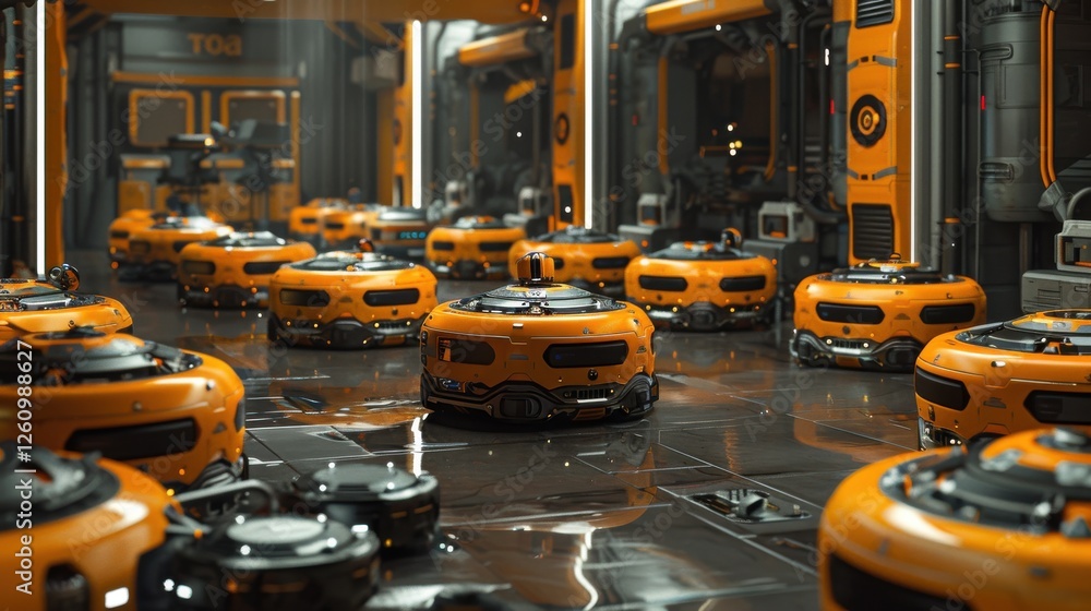 Poster futuristic warehouse filled with advanced robotic drones in a high-tech environment, showcasing inno