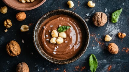 Chocolate Nut Spread, Dark Background, Overhead