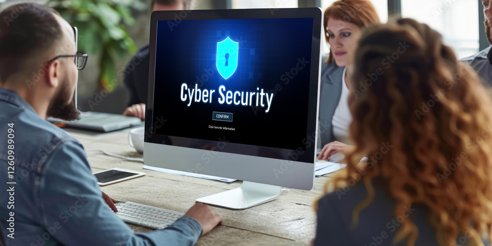 Poster cyber security system on computer screen protect private information brisk from hacker and cyber att
