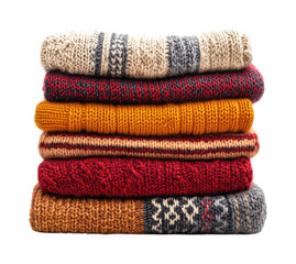 Cozy knit sweaters stacked indoors textiles isolated on transparent background - Generative AI