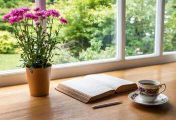 Rustic Writing Nook: A quiet writing corner tucked into a cottage window seat, complete with a wooden desk, quill pen, stacks of old books, and a steaming cup of tea, overlooking a lush green garden w