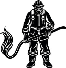 Black Firefighter with a Hose Silhouette Vector Doodle Art Illustration | Hand-Drawn Emergency Responder Sketch | Firefighting, Rescue, and Heroic Service Clipart Design