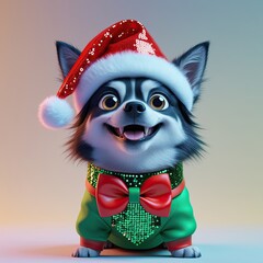 Pets are dressed in festive attire complete with bright red and green bow ties. sequined collar and a mini Santa hat