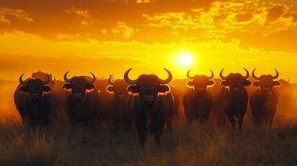 Herd of buffalo grazing during sunset in a warm, golden-hued landscape