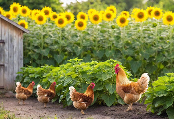 Fototapeta premium Chickens in a Cottage Garden: A lively garden scene with free-range chickens wandering among rows of sunflowers, cabbages, and herbs, with a charming wooden coop in the background and a fence wrapped 