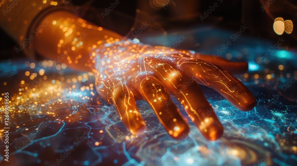 Poster futuristic hand interacting with digital technology interface featuring bright patterns and dynamic 