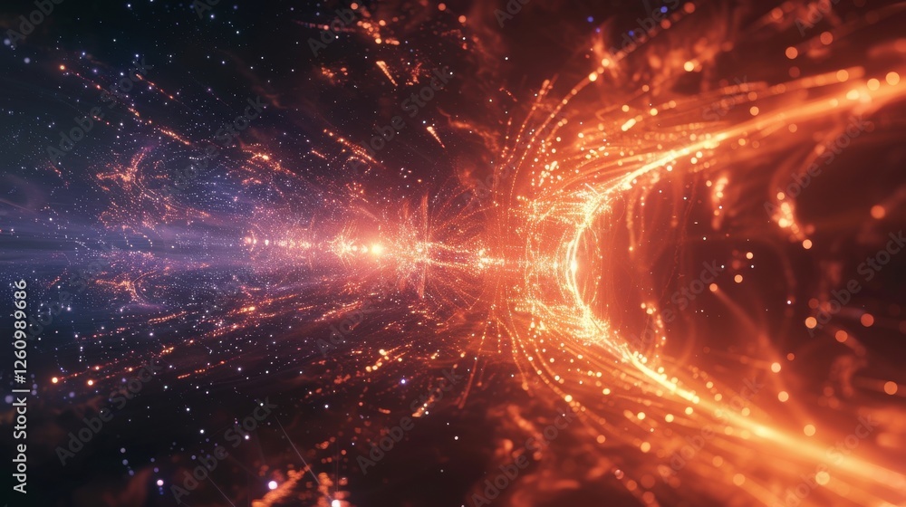Poster abstract flow of light particles in a cosmic space with vibrant energy patterns and stellar backgrou