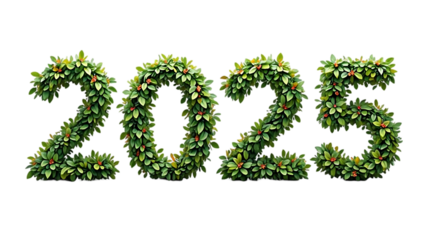 the numbers "2025" rendered in lush green foliage, suggesting growth or a natural theme symbolize a hopeful vision for the year 2025