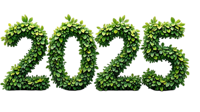 the numbers "2025" rendered in lush green foliage, suggesting growth or a natural theme symbolize a hopeful vision for the year 2025