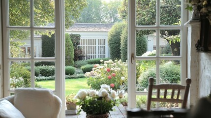 Garden view through French doors, home interior