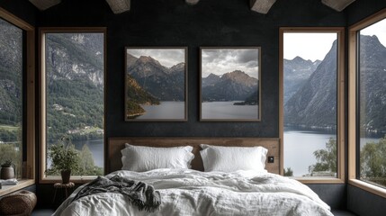 Cozy Bedroom Interior with Panoramic Mountain Lake View through Large Windows