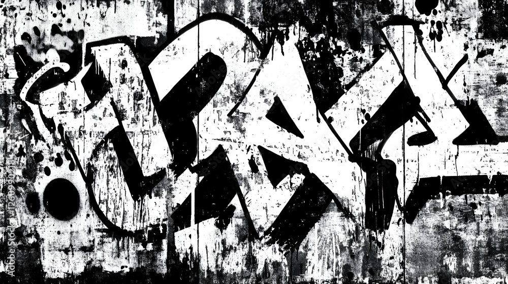 Aufkleber A striking monochromatic graffiti mural adorns a weathered urban wall showcasing a bold abstract and expressive visual composition with captivating patterns and textures