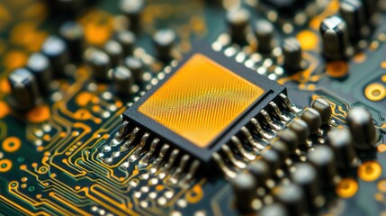 Gold microchip circuit board close-up