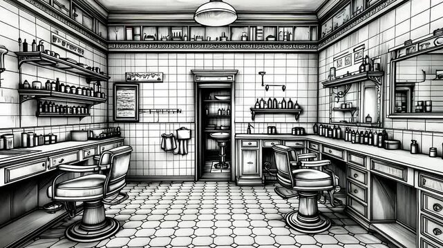 Vintage barbershop interior, monochrome design, shelves, chairs, advertising
