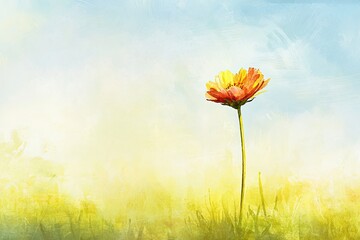 Bright flower stands alone in a soft, sunlit meadow during a serene morning. Generative AI