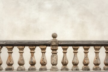 Elegant wooden balustrade contrasting with a weathered wall in a serene landscape during soft daylight
