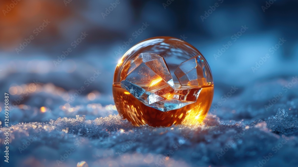 Poster close-up of a glowing sphere with ice cubes on frosty surface, capturing the essence of technology a