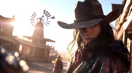 Tense Standoff Between Cowgirls in Weathered Frontier Town with Creaking Windmill and Dramatic Lighting