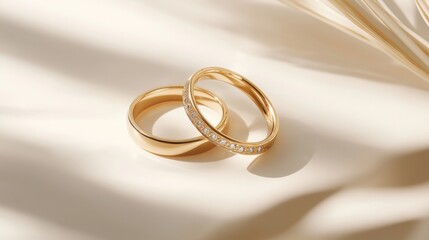 Elegant gold wedding rings with diamond accents on cream background
