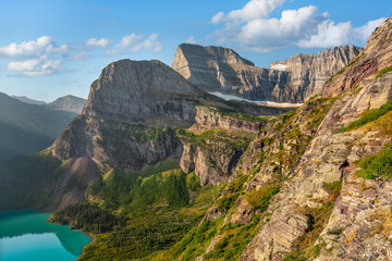 Glacier National Park - panorama view from the Grinnell Glacier Trail - The glacier, Grinnell Lake, Angel Wing and Mount Gould in the background