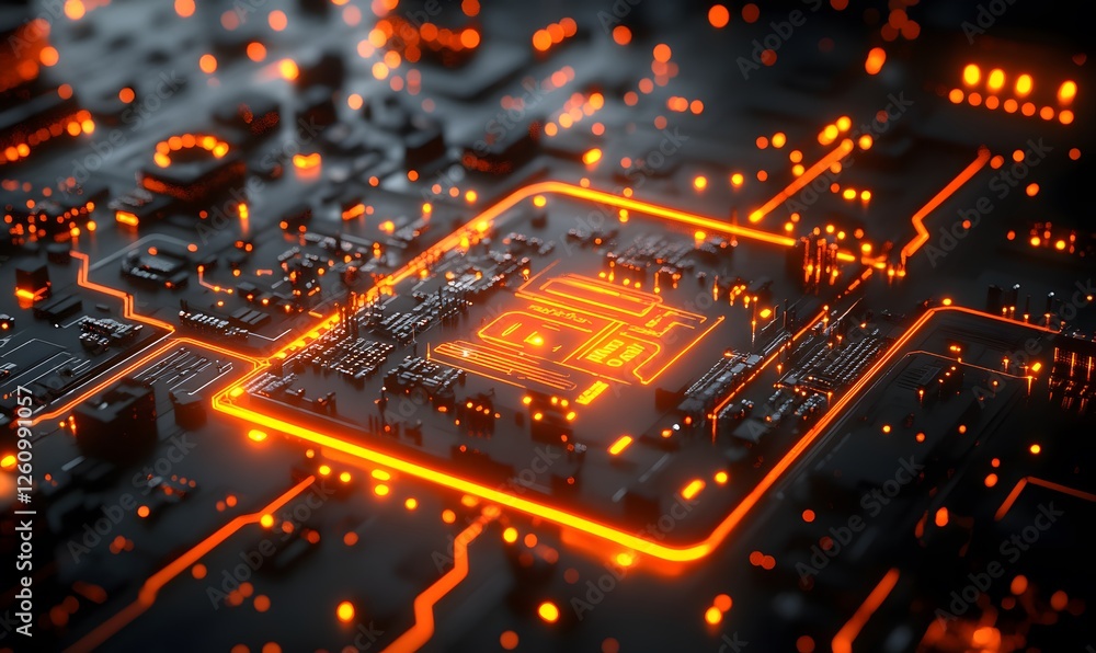 Poster glowing circuitry with orange light and black background creating a high tech vibe