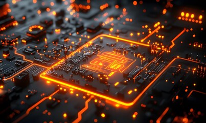 Glowing circuitry with orange light and black background creating a high tech vibe