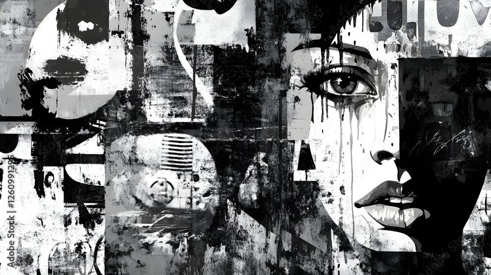 Poster a striking surreal collage portrait featuring fragmented facial features layers of textures and expr