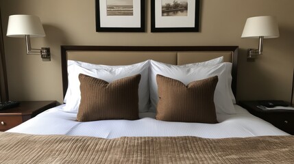 Hotel room bed, calm decor, city view