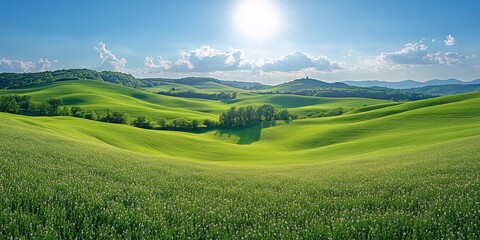 Vibrant green rolling hills under a bright blue sky at midday with fluffy clouds