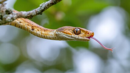 Snake tasting air, branch, forest, bokeh, wildlife