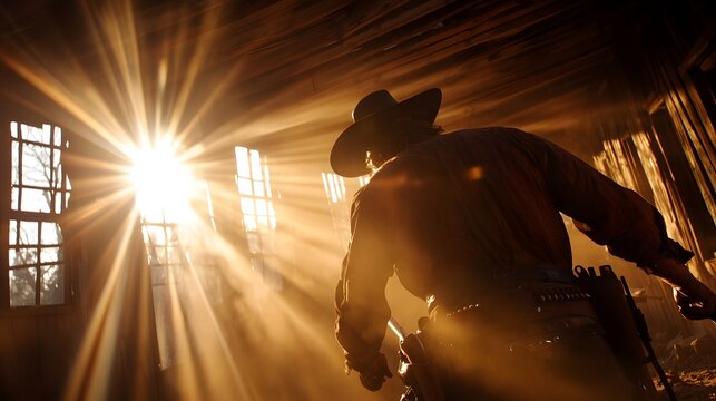 Rugged Cowboy Showdown in Dilapidated Wild West Town with Dramatic Lighting