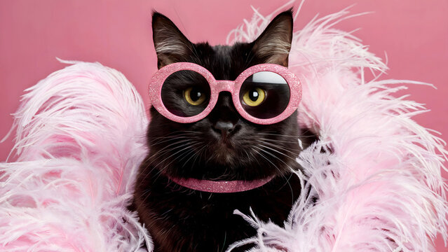 Glamorous Black Cat Wearing Pink Glitter Glasses and Feather Boa &ndash; Stylish Pet Portrait