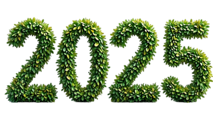 the numbers "2025" rendered in lush green foliage, suggesting growth or a natural theme symbolize a hopeful vision for the year 2025