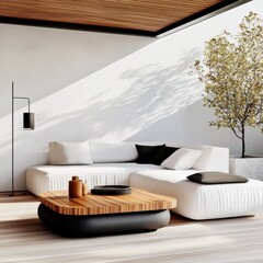 Modern Living Room Design Featuring Cozy Sectional Sofa, Stylish Wooden Coffee Table, Serene Indoor Plant Accents