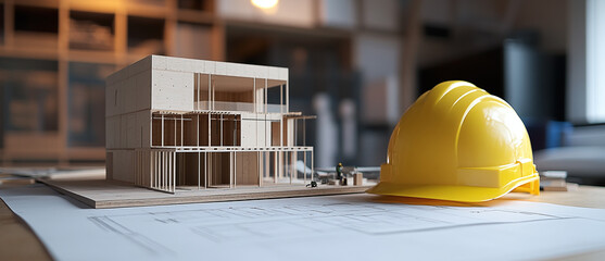 Architectural Model and Safety Gear: A meticulous architectural model sits alongside blueprints and a yellow safety helmet, symbolizing design and construction.
