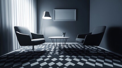 Modern minimalist waiting room with gray chairs and a small table