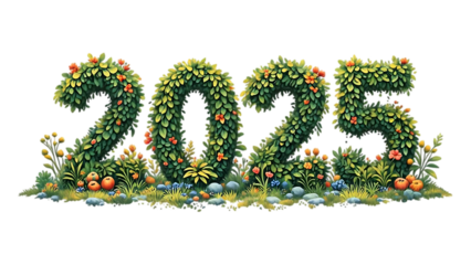 the numbers "2025" rendered in lush green foliage, suggesting growth or a natural theme symbolize a hopeful vision for the year 2025