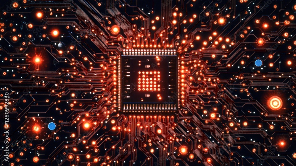 Poster glowing cpu on circuit board, tech background