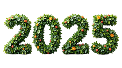 the numbers "2025" rendered in lush green foliage, suggesting growth or a natural theme symbolize a hopeful vision for the year 2025