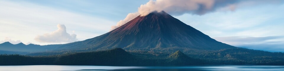Fototapeta premium A mountain with a volcano on top and a lake below. The mountain is covered in trees and the sky is blue