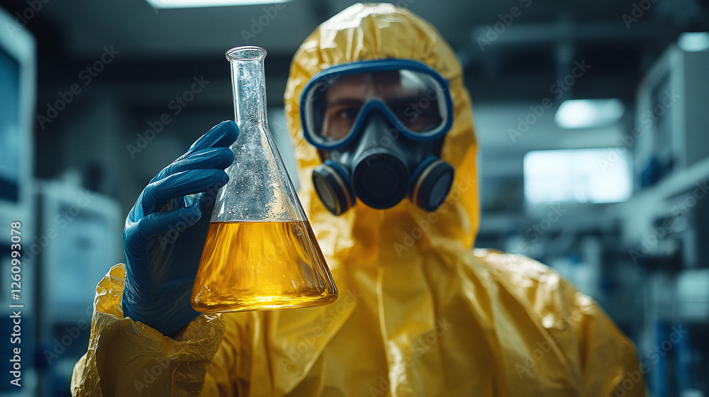 Poster lab worker examines yellow liquid. a scientist in protective gear is holding a flask filled with yel